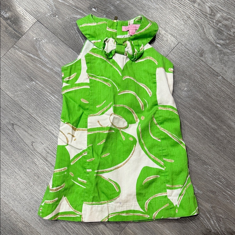Lilly Pulitzer Girls Green and White Delia Dress with Gold Accents, Size 4